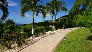 A paved pathway with a brick border, surrounded by lush greenery and palm trees, leading towards a scenic view. - St. Croix - Villa Views at Hermon Hill! (St Croix)