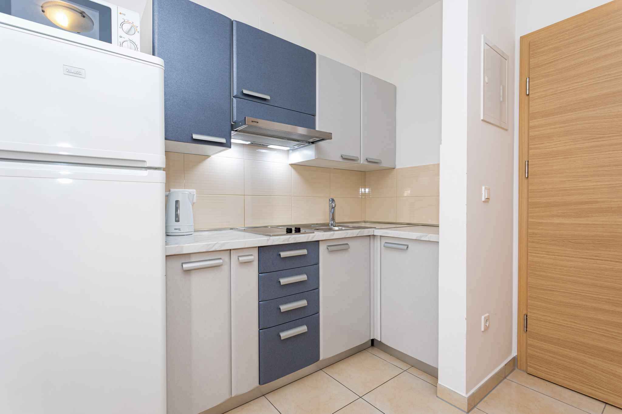 Fridge, microwave, stovetop, coffee/tea maker