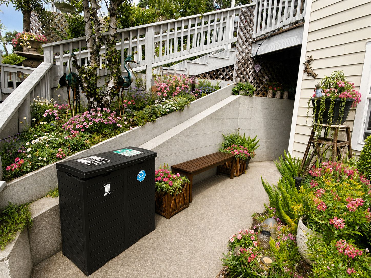 A garden area with a trash bin, wooden bench, and potted plants.
