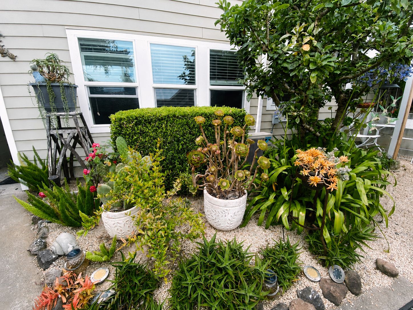 Un jardín bien cuidado con diversas plantas y un comedero decorativo para pájaros.