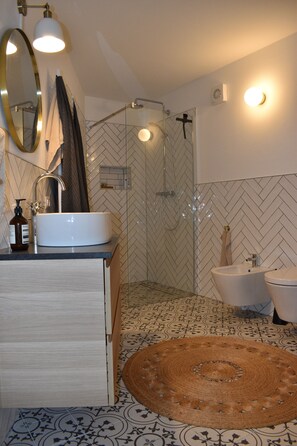 Shower, hair dryer, bidet, towels