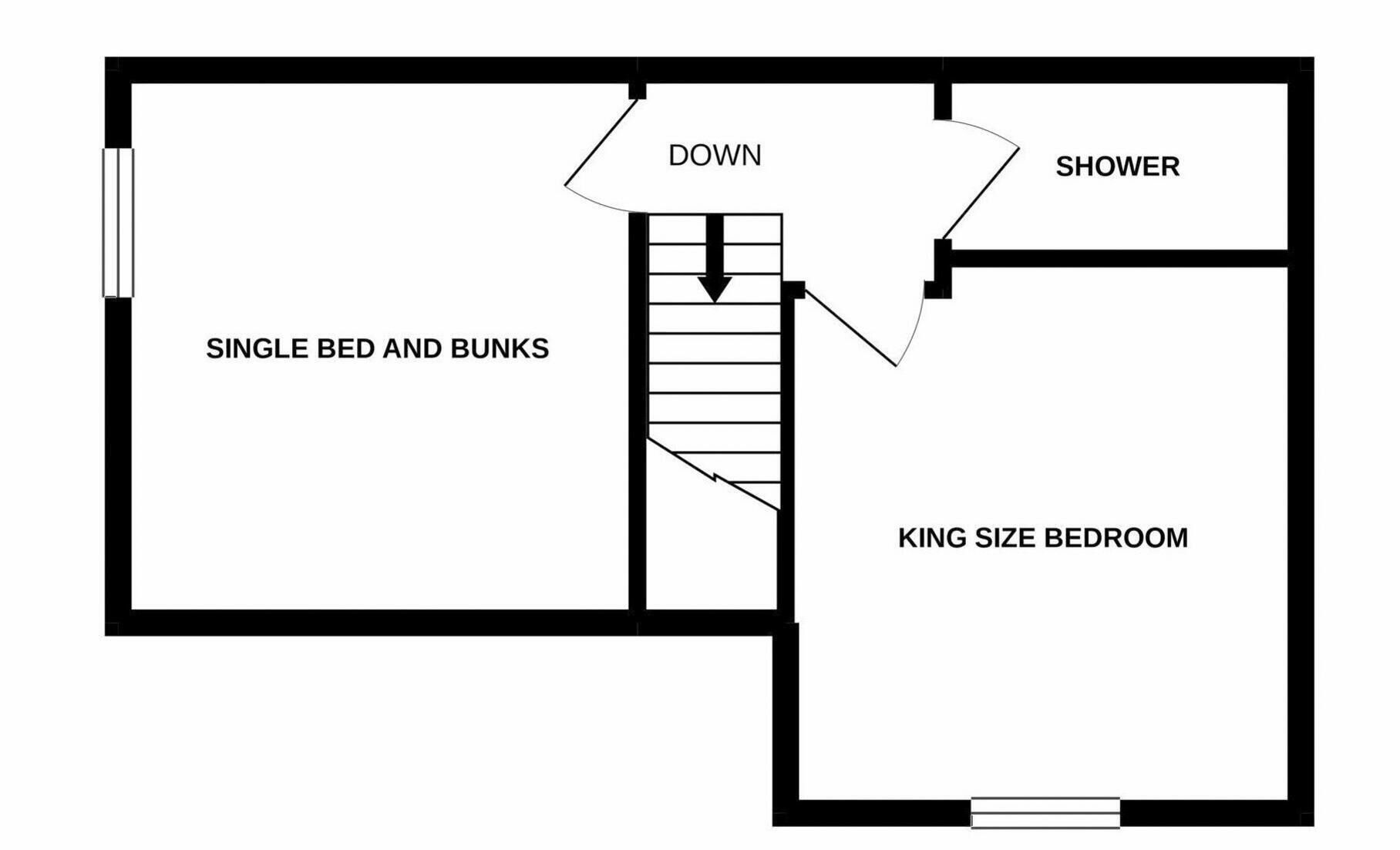 Plano de planta con una cama individual y zona de literas, un dormitorio con cama tamaño king y ducha.