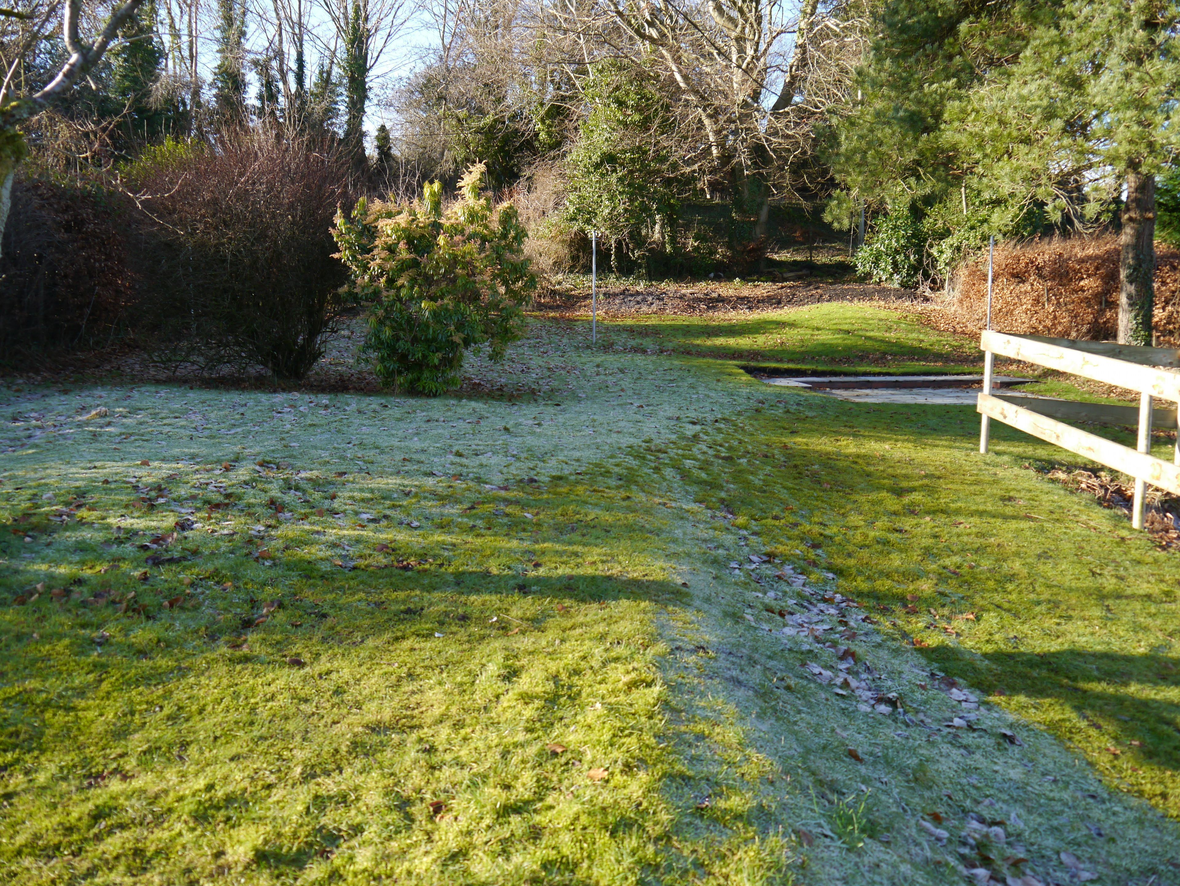 A grassy area with a white fence, trees, and a small stream.