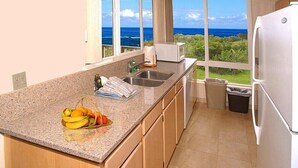 A kitchen with granite countertops, a sink, and a view of the ocean. - Cozy 2BR Condo Great for Families (Princeville)