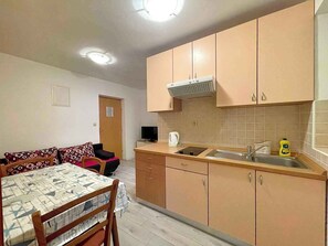 Fridge, stovetop, cookware/dishes/utensils
