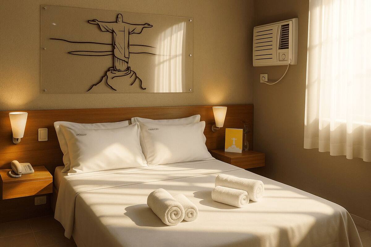 A hotel room with a bed, two bedside tables, a wall-mounted air conditioner, and a wall art piece.
