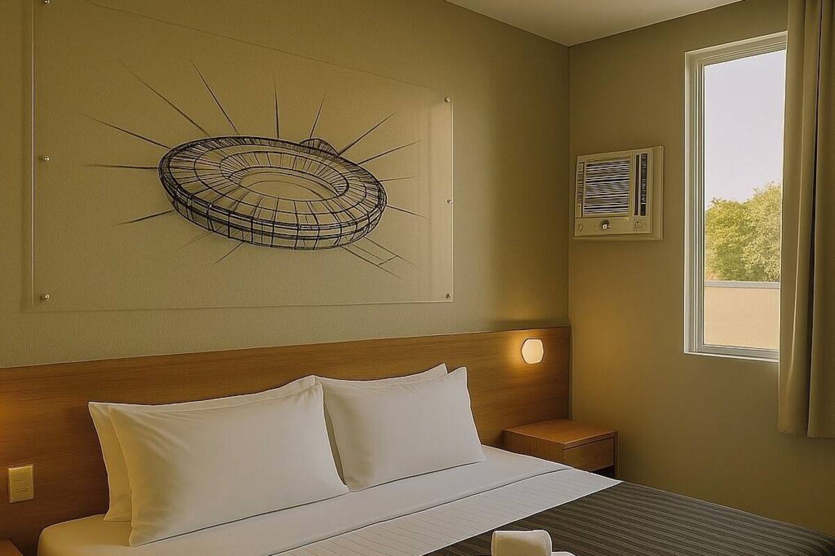 A hotel room with a bed, a wall-mounted artwork, a window with curtains, and a bedside table.