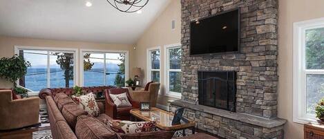 TV, lareira, escritórios