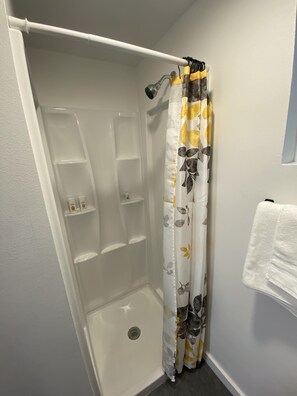 Regadera, toallas, jabón, shampoo 