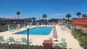 Une piscine entourée d’une clôture en bois et de palmiers, avec des chaises longues et des parasols.