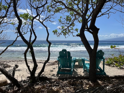 Bungalow in shared garden with house, seafront and private beach. 