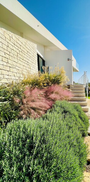 Un bâtiment moderne à la façade en pierre, doté d’un jardin bien entretenu avec différentes espèces de plantes, et d’un escalier menant à l’entrée.