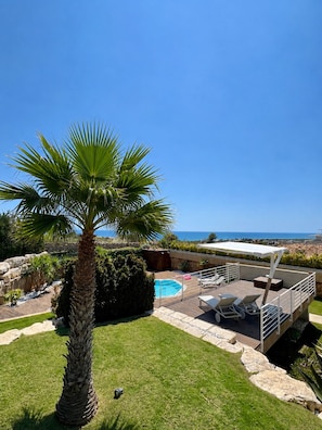 A rooftop pool area with a palm tree, lounge chairs, and a view of the ocean.