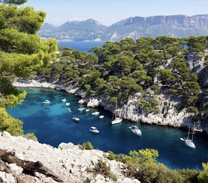 A coastal landscape with rocky terrain, dense green trees, and a clear blue sea with boats anchored. - Appartement Villa Cassis (Cassis)
