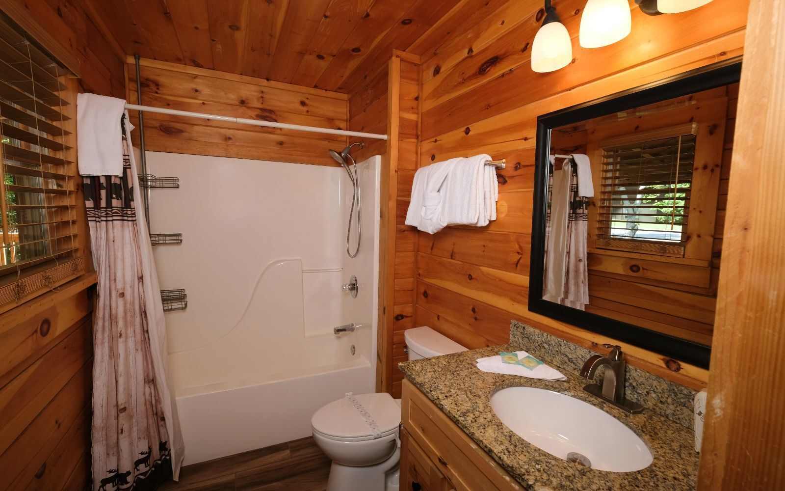 Une salle de bain rustique, aménagée dans une cabane en bois, avec douche, toilettes et lavabo sur un plan de travail en granit.