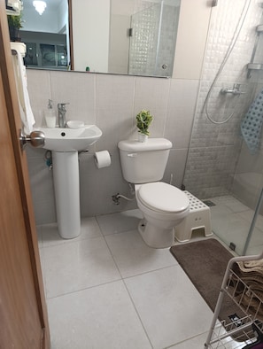 Shower, towels, soap, toilet paper