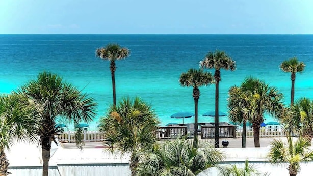 Vista sulla spiaggia con palme e mare cristallino.
