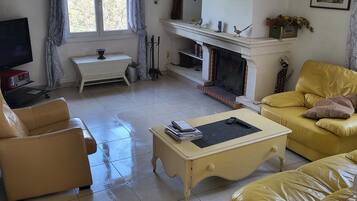 Televisie, een open haard, een tafeltennistafel en boeken