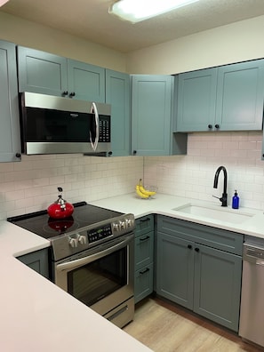 Frigorífico, microondas, horno y placa de cocina