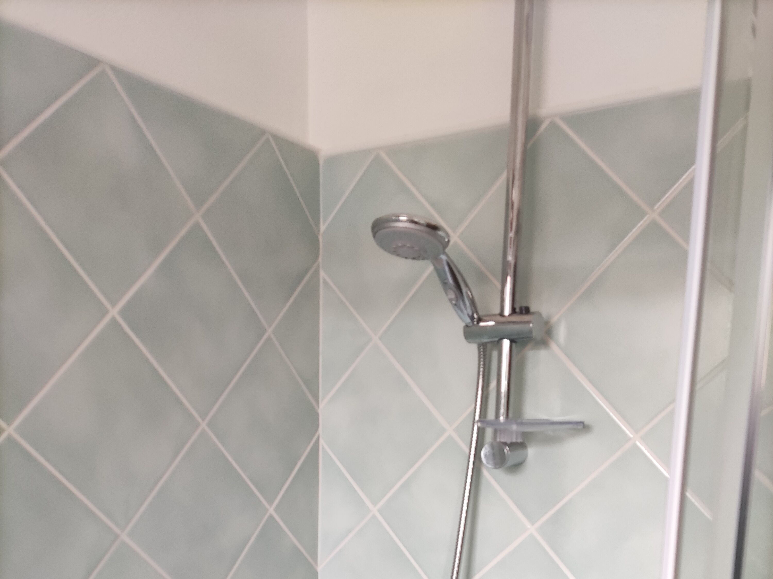 A shower with a chrome handle and a glass enclosure.