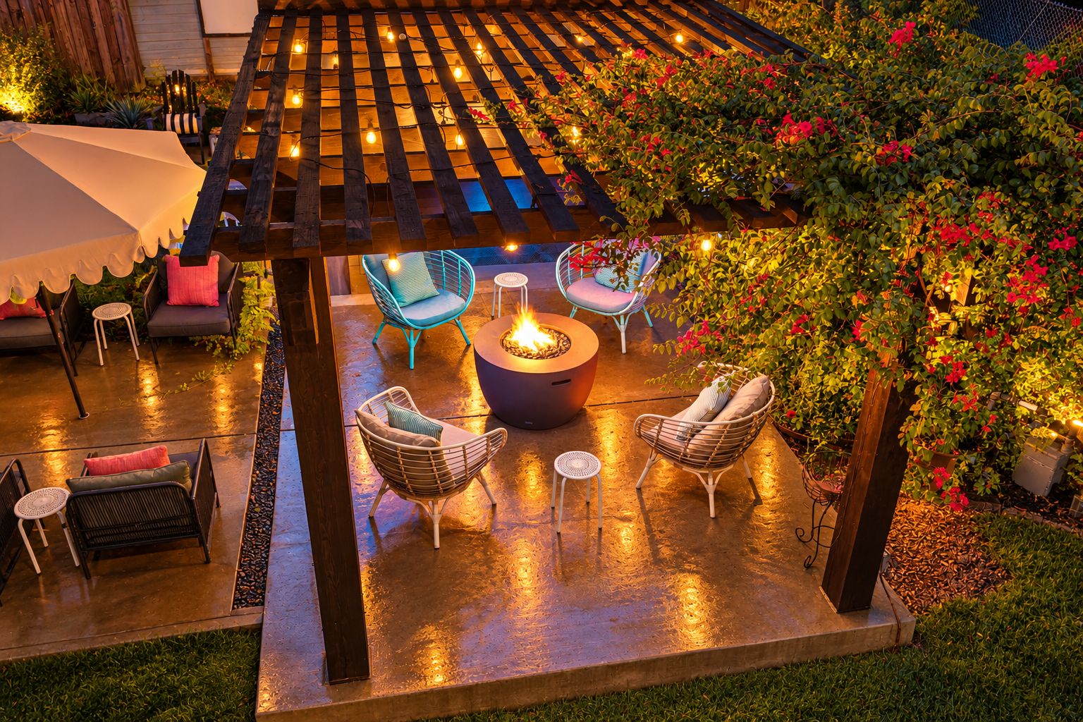 An outdoor patio area with a fire pit, seating, and a pergola.