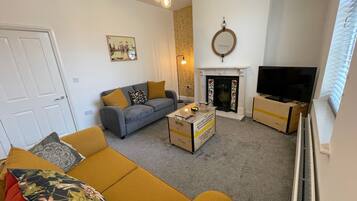 Smart TV, fireplace, books