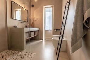 Regadera, secadora de cabello, bidet, toallas