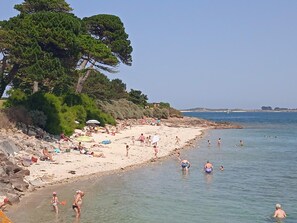 Ein Strand mit badenden und sonnenden Menschen, umgeben von Bäumen und felsigem Gelände.