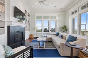 Smart TV, fireplace, books