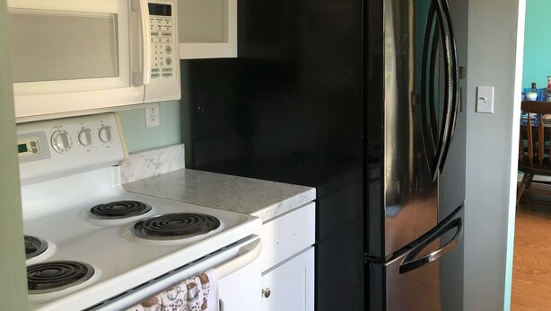 A kitchen with a white stove, a black refrigerator, and a microwave. - Peaceful, close to water attractions & Fishing (Panama City)