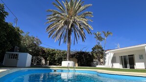 Ein Schwimmbecken mit klarem, blauem Wasser, umgeben von Palmen und einem weißen Gebäude mit Garage.