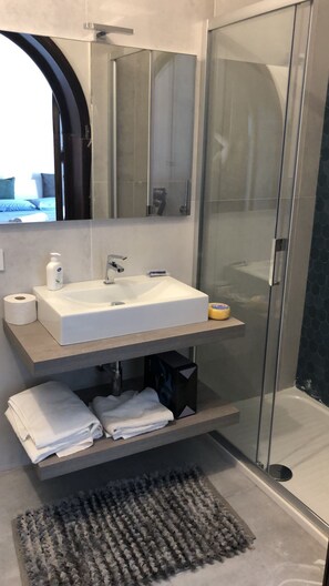 Hair dryer, towels, shampoo