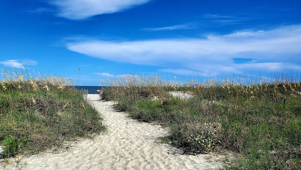 Ein sandiger Pfad führt zu einem Strand mit hohem Gras und blauem Himmel.