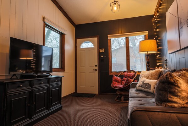 Smart TV, fireplace, DVD player, books