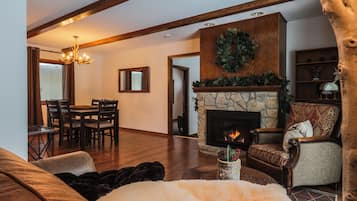 TV connectée, cheminée, lecteur de DVD, livres