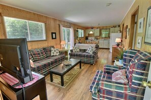 TV connectée, cheminée, livres