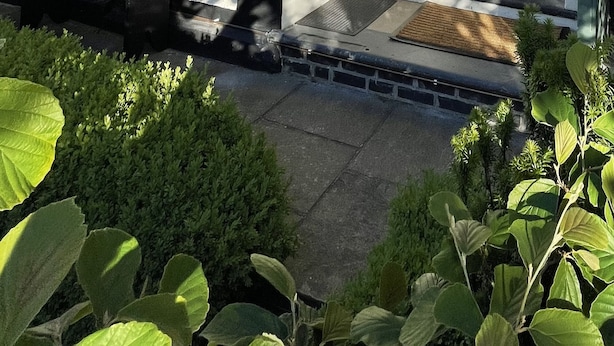 A two-story house with a green door, a small porch with a bench, and a window with a view of the interior. - Castle Cottage in Conwy - 2 minute walk into Conwy yet has delightful garden (Conwy)