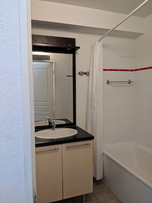Bathtub, hair dryer, toilet paper
