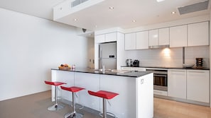 Fridge, microwave, oven, stovetop