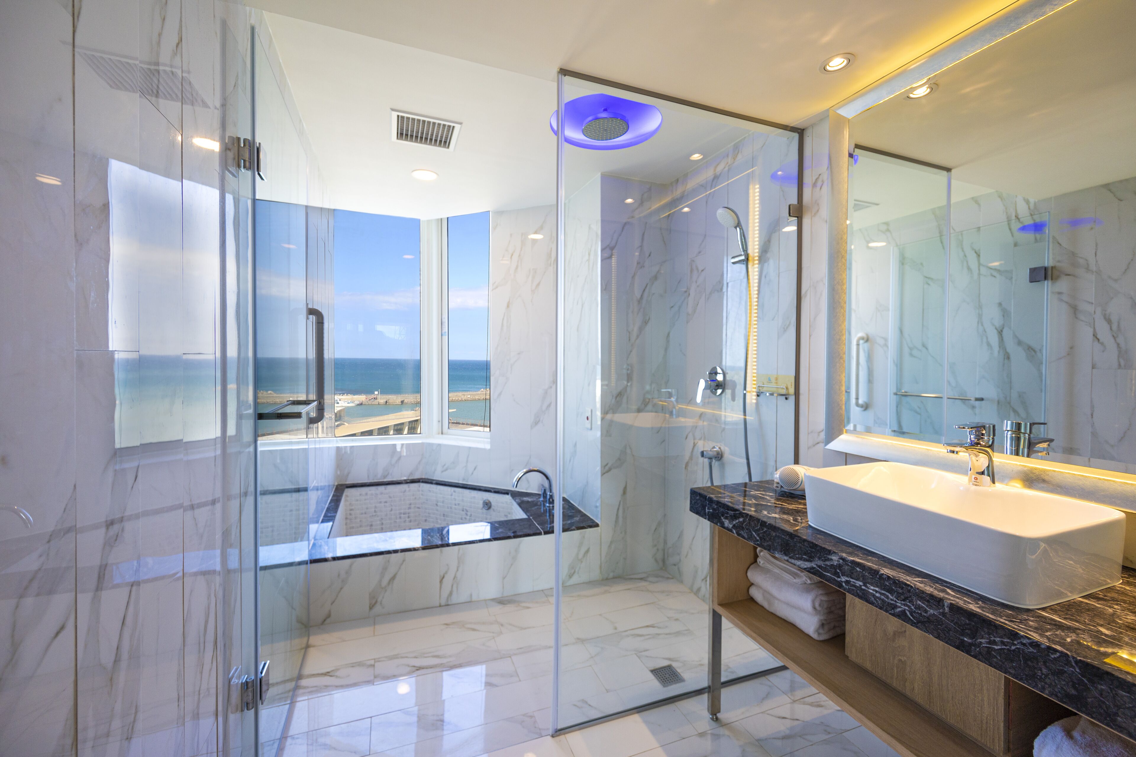 Spring water tub, rainfall showerhead, hair dryer, slippers