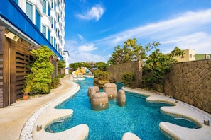 Seasonal outdoor pool, open 9:00 AM to 9:00 PM, lifeguards on site