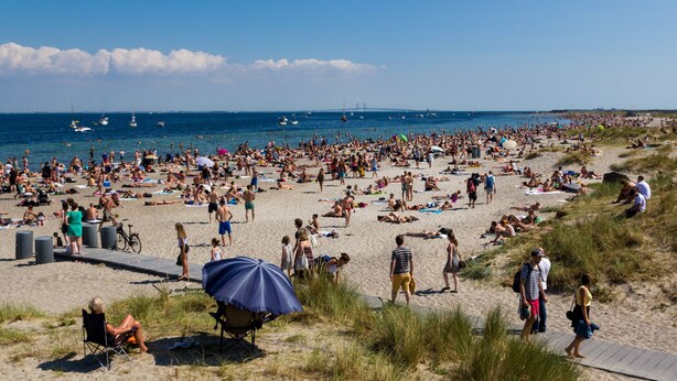 Ein überfüllter Strand mit Menschen, die sich sonnen und spazieren gehen.