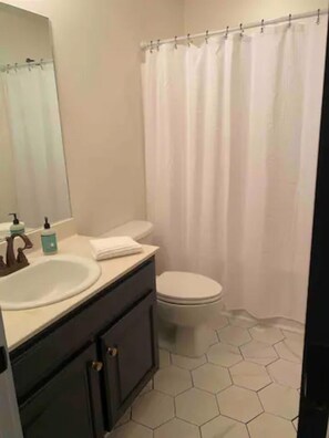 Combined shower/bathtub, hair dryer, towels, soap