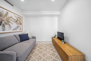 A modern living room with a grey sofa, a wooden TV stand, and a patterned rug.