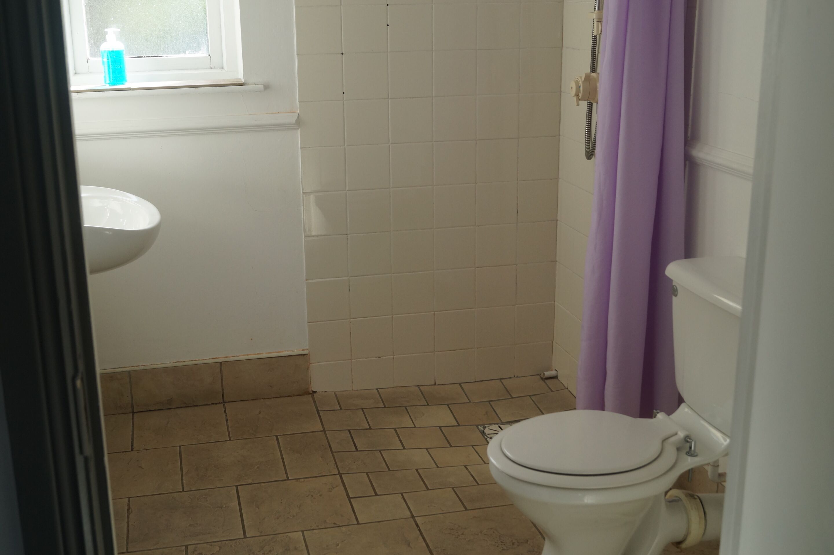 Un baño con inodoro blanco, lavabo y ducha con cortina púrpura.
