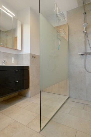 Douche, sèche-cheveux, serviettes fournies, savon