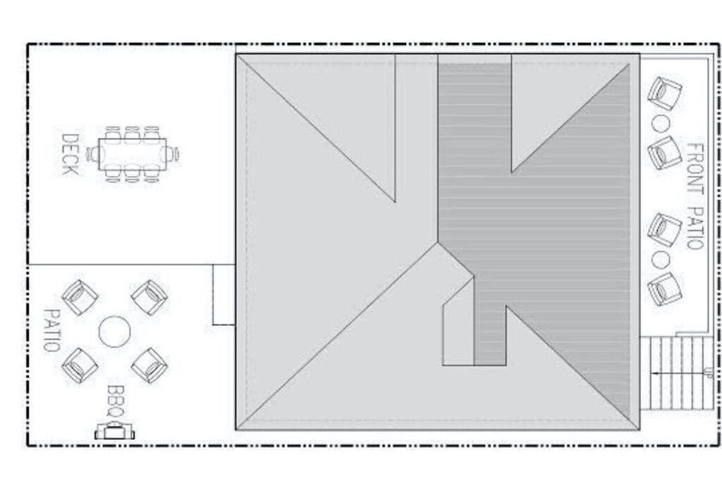 Un plan d’étage comprenant une terrasse, un patio et un espace barbecue.