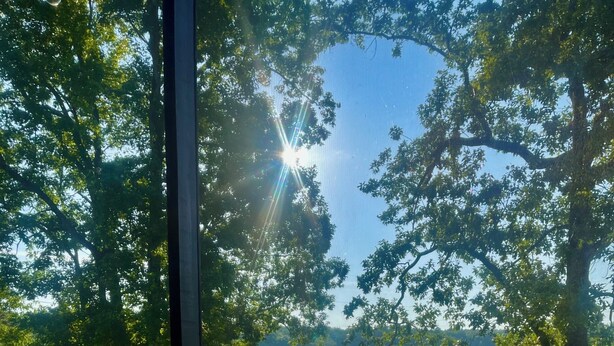 A wooden deck with a railing overlooking a lake, with trees and a dock in the background. - Lake side condo nearThe University of Alabama (Northport)
