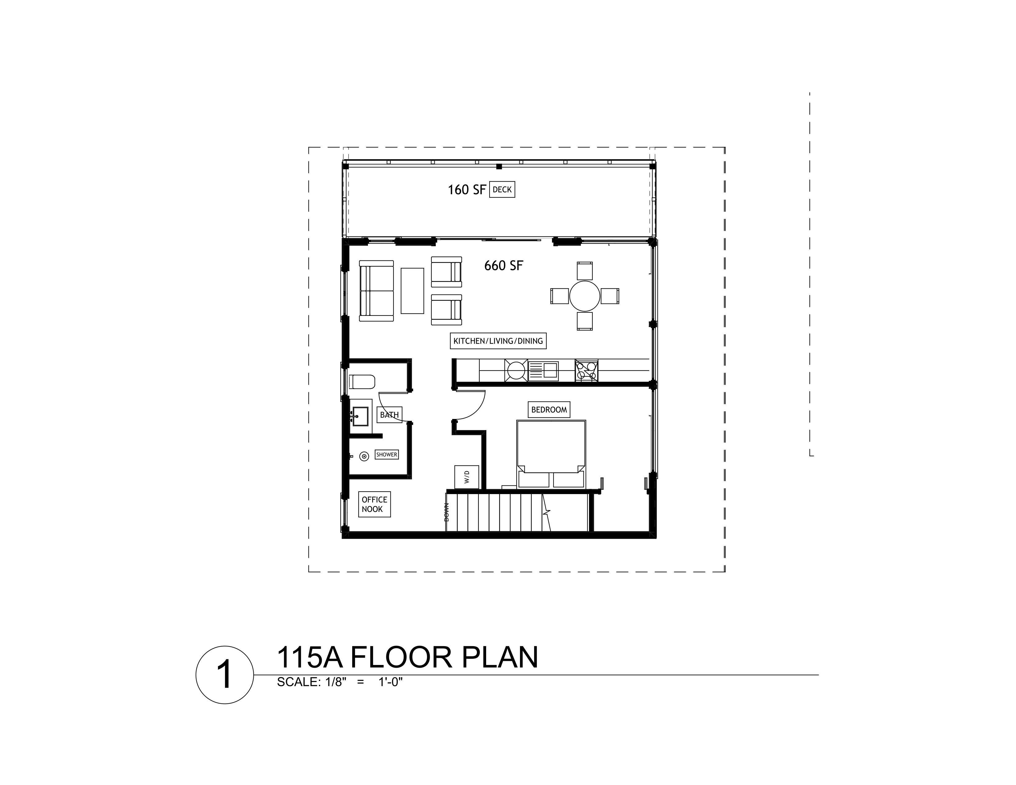 A 115A floor plan with a 160 SF deck, 660 SF living area, kitchen, dining, office nook, and bedroom.