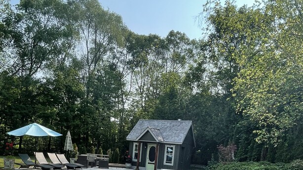 Een zwembad met een huis op de achtergrond, omringd door bomen.